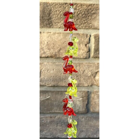 Beaded Dinosaur Christmas Suncatcher Red Green Clear Crystal Prism Hanging Decor - Picture 7 of 7